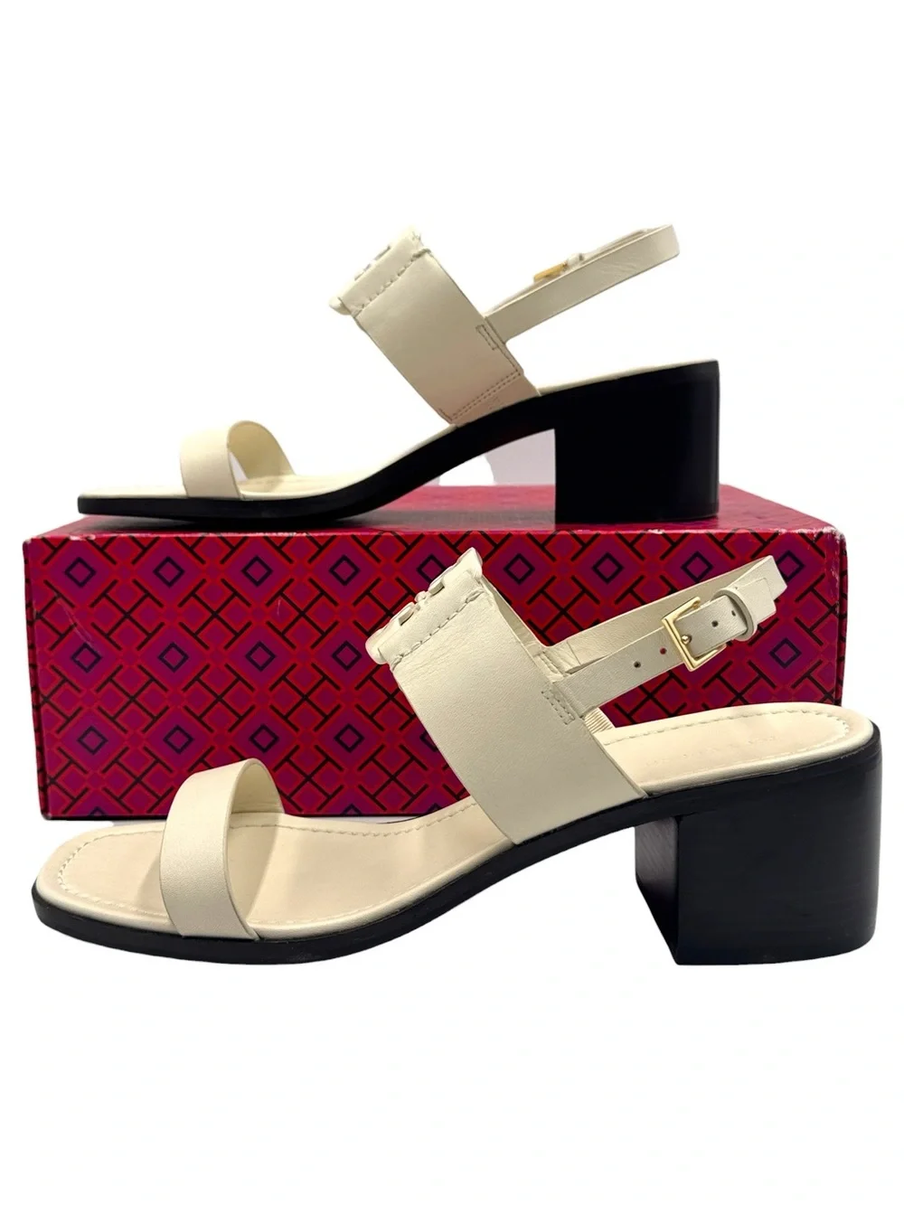 Tory Burch Georgia 55MM Cream Block Heel Slingback Sandals Size 9.5